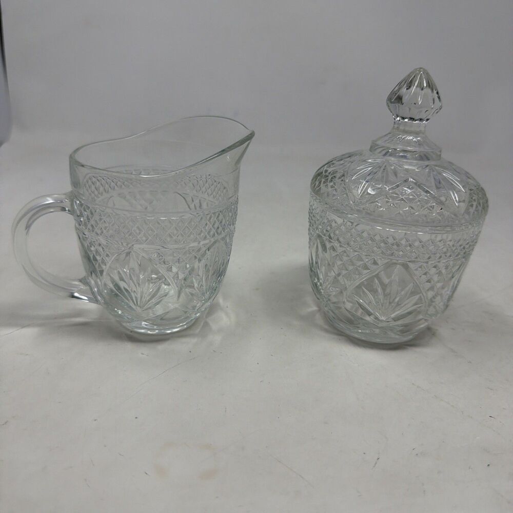 Vintage Cristal D’Arques Durand Antique Clear Creamer & Sugar Bowl w/ Lid Set
